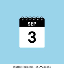 Recordatorio del calendario del 3 de septiembre. 3 de septiembre Fecha Mes Calendario icono de diseño Plantilla.