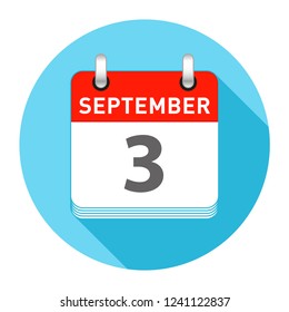 September 3 Date on a Single Day Calendar in Flat Style with long flat shadow on a blue background