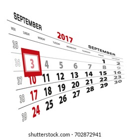 September 3, highlighted on 2017 calendar. Week starts from Sunday. Vector Illustration.