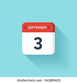 September 3. Isometric Calendar Icon With Shadow.Vector Illustration,Flat Style.Month and Date.Sunday,Monday,Tuesday,Wednesday,Thursday,Friday,Saturday.Week,Weekend,Red Letter Day. Holidays 2017.