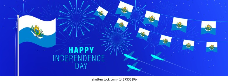 September 3 San Marino Independence Day greeting card. Celebration background with fireworks, flags, flagpole and text.