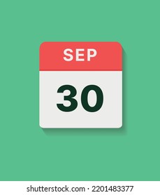Icono del calendario 30 de septiembre, ilustración plana vectorial. colores rojo, gris y verde.