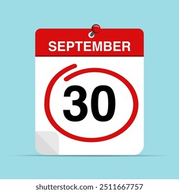 30. September Kalenderblatt mit roter Markierung um ein Datum. Vektorgrafik.