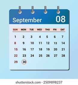 30 de septiembre. Calendario de icono plano aislado sobre fondo azul. Fecha y mes de Ilustración vectorial