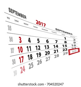 September 30, highlighted on 2017 calendar. Week starts from Sunday. Vector Illustration.