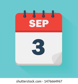 September 3rd. Daily calendar icon in vector format.  Date, time, day, month. Holidays