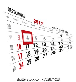 September 4, highlighted on 2017 calendar. Week starts from Sunday. Vector Illustration.