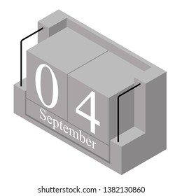 September 4th date on a single day calendar. Gray wood block calendar present date 4 and month September isolated on white background. Holiday. Season. Vector isometric illustration
