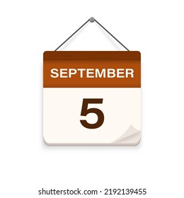 5 de septiembre, icono del calendario con sombra. Día, mes. Hora de cita de la reunión. Fecha de programación del evento. Ilustración vectorial plana. 