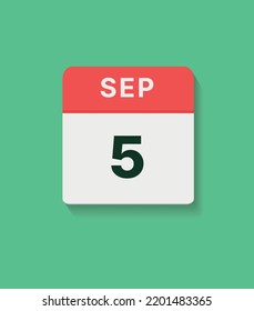 September 5 calendar icon, vector flat illustration. red, gray and green colors.