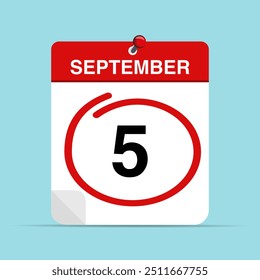 September 5 calendar leaf with red mark around a date. Vector illustration.