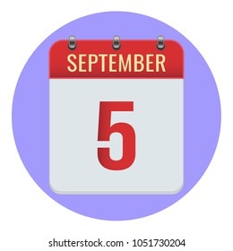 September 5. Vector flat daily calendar icon. Date and time, day, month 2018. Holiday. Season.