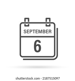 September 6, Calendar icon with shadow. Day, month. Flat vector illustration.
