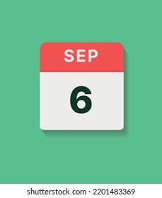 Icono del calendario del 6 de septiembre, ilustración plana vectorial. colores rojo, gris y verde.