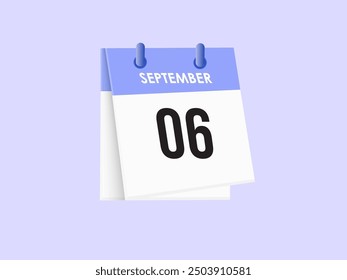 September 6 - calendar and Time planner. Daily Calendar Icon reminder. Vector Illustration.