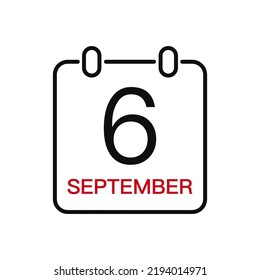 September 6 date on the calendar, vector line stroke icon for user interface. Calendar with date, vector illustration.