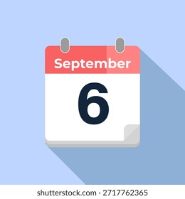 Calendário vetorial de 6 de setembro
Calendário moderno do vetor de cor plana com data