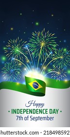 September 7, brazil independence day, vector template with brazilian flag and colorful fireworks on blue night sky background. Brazil national holiday september 7th. Independence day card