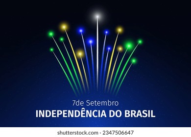 7 de setiembre, día de la independencia brasileña, colorida bandera de los fuegos artificiales en el fondo azul del cielo nocturno. Fiesta nacional. Tarjeta de felicitación. Vector. Traducción 7 de septiembre Día de la Independencia de Brasil