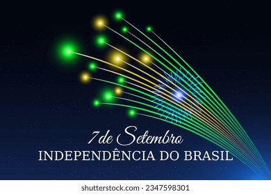 September 7, brazil independence day, brazilian colorful fireworks flag on blue night sky background. National holiday. Greeting card. Vector. Translation September 7th Independence Day of Brazil