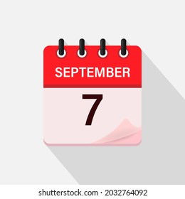 7 de septiembre, icono del calendario con sombra. Día, mes. Ilustración vectorial plana.
