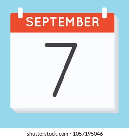 September 7. Calendar icon. Vector illustration in flat design isolated in blue background. Date and time, day, month.