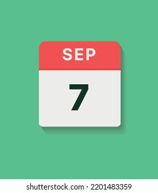 September 7 calendar icon, vector flat illustration. red, gray and green colors.