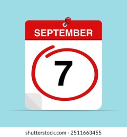 September 7 calendar leaf with red mark around a date. Vector illustration.