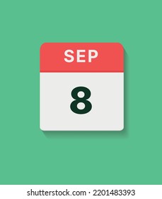 September 8 calendar icon, vector flat illustration. red, gray and green colors.