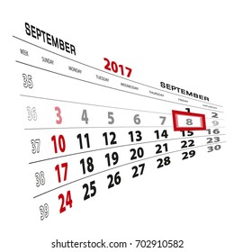 September 8, highlighted on 2017 calendar. Week starts from Sunday. Vector Illustration.