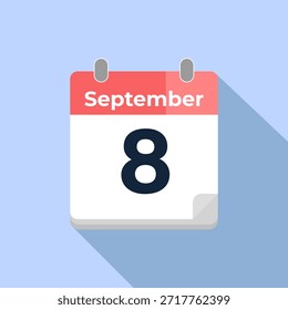 Calendário vetorial de 8 de setembro
Calendário moderno do vetor de cor plana com data