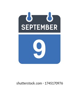 September 9 Calendar Date Icon, Event Date Icon, Calendar Date, Icon Design Vector Graphic