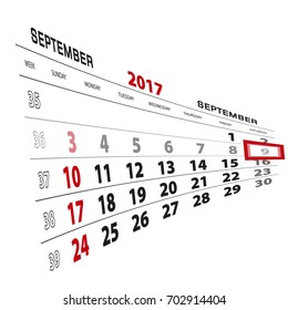 September 9, highlighted on 2017 calendar. Week starts from Sunday. Vector Illustration.