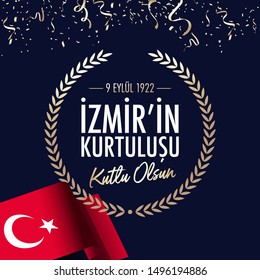 September 9, Salvation of Izmir. Republic of Turkey National Celebration Card - English “September 9, Salvation of Izmir" Typographic Badge. (Turkish: 9 Eylul Izmir’in Kurtulusu) Turkish flag symbol.