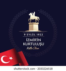 September 9, Salvation of Izmir. Republic of Turkey National Celebration Card - English “September 9, Salvation of Izmir" Typographic Badge. (Turkish: 9 Eylul Izmir’in Kurtulusu) Turkish flag symbol.