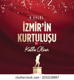 September 9, Salvation of Izmir. Republic of Turkey National Celebration Card - English “September 9, Salvation of Izmir" Typographic Badge. (Turkish: 9 Eylul Izmir’in Kurtulusu) Turkish flag symbol.