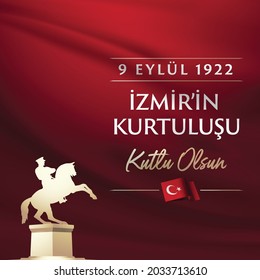 September 9, Salvation of Izmir. Republic of Turkey National Celebration Card - English “September 9, Salvation of Izmir" Typographic Badge. (Turkish: 9 Eylul Izmir’in Kurtulusu) Turkish flag symbol.