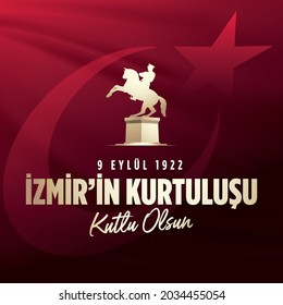 September 9, Salvation of Izmir. Republic of Turkey National Celebration Card - English “September 9, Salvation of Izmir" Typographic Badge. (Turkish: 9 Eylul Izmir’in Kurtulusu) Turkish flag symbol.