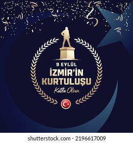 September 9, Salvation of Izmir. Republic of Turkey National Celebration Card - English “September 9, Salvation of Izmir" Typographic Badge. (Turkish: 9 Eylul Izmir’in Kurtulusu) Turkish flag symbol.