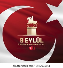 September 9, Salvation of Izmir. Republic of Turkey National Celebration Card - English “September 9, Salvation of Izmir" Typographic Badge. (Turkish: 9 Eylul Izmir’in Kurtulusu) Turkish flag symbol.