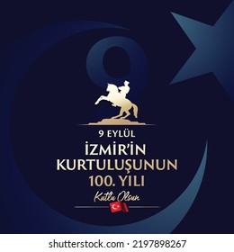 September 9, Salvation of Izmir. Republic of Turkey National Celebration Card - English “September 9, Salvation of Izmir" Typographic Badge. (Turkish: 9 Eylul Izmir’in Kurtulusu) Turkish flag symbol.