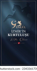 Septiembre 9 Feliz salvación de Izmir (traducción turca: 9 de septiembre sobre un fondo azul oscuro