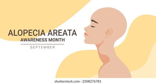 September is Alopecia Areata awareness month banner. Beautiful bald head woman. Vector illustration