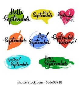 September autumn calligraphic set with spot on the background. Brush calligraphy, hand lettering. For calendar, schedule, diary, journal, postcard, label, sticker and decor.