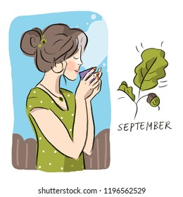 September autumn girl with coffee cup and oak leaf and acorn