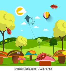 September Autumn Landscape. Field with Mushrooms and Trees. Kite and Sun on Sky. Vector Flat Design Illustration.