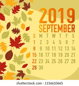 September autumn/fall months calendar 2019 template with abstract falling leaves