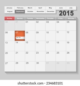September Calendar 2015, week start at sunday with Holiday event