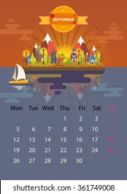 September.  Calendar for 2016 in A4 format. The first day of the week - Monday. Style flat design. Set 3. Landscape of a small town on the background of nature.. Stock. Illustration. Image. Vector.