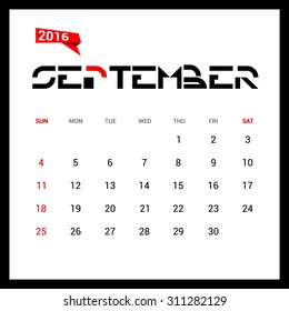 September Calendar 2016 Vector Design Template. Week Starts Sunday. vector illustration